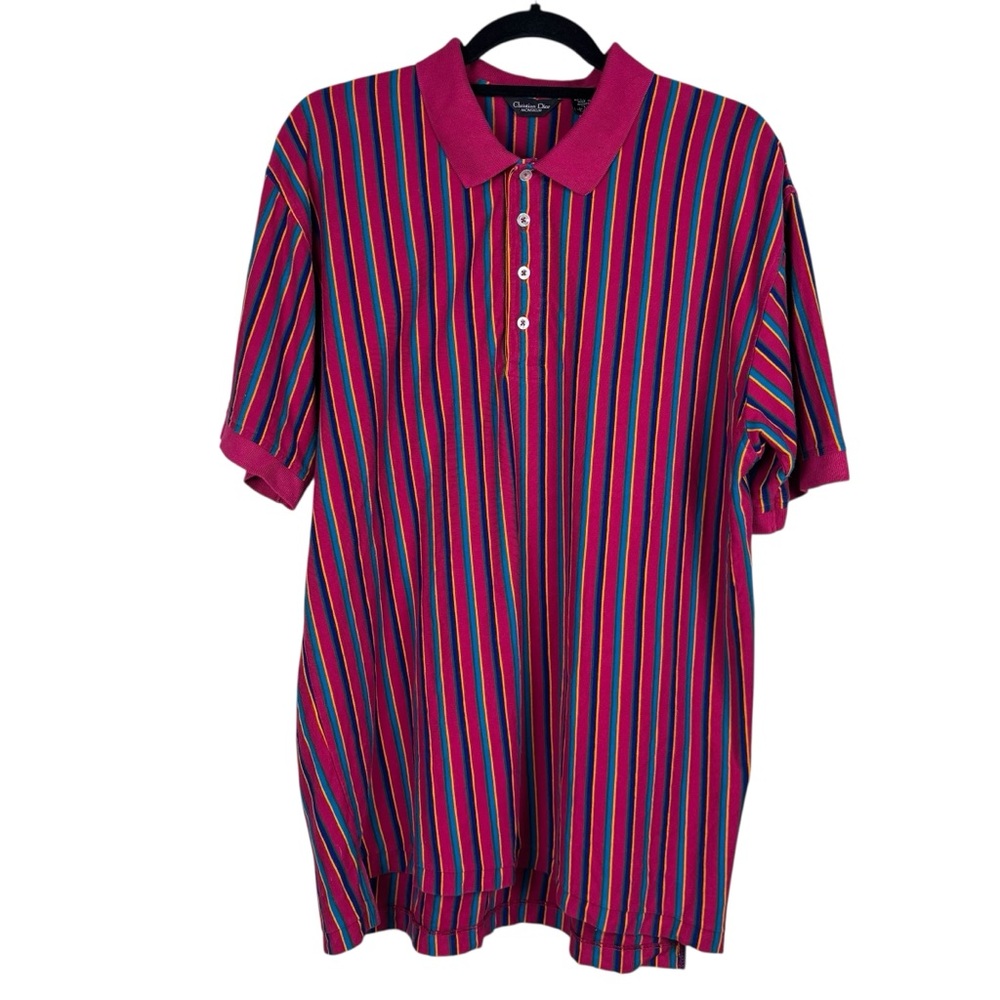 VTG 80s 90s CHRISTIAN DIOR Monsieur Polo Shirt Large Funky Stripe Golf Grandpa